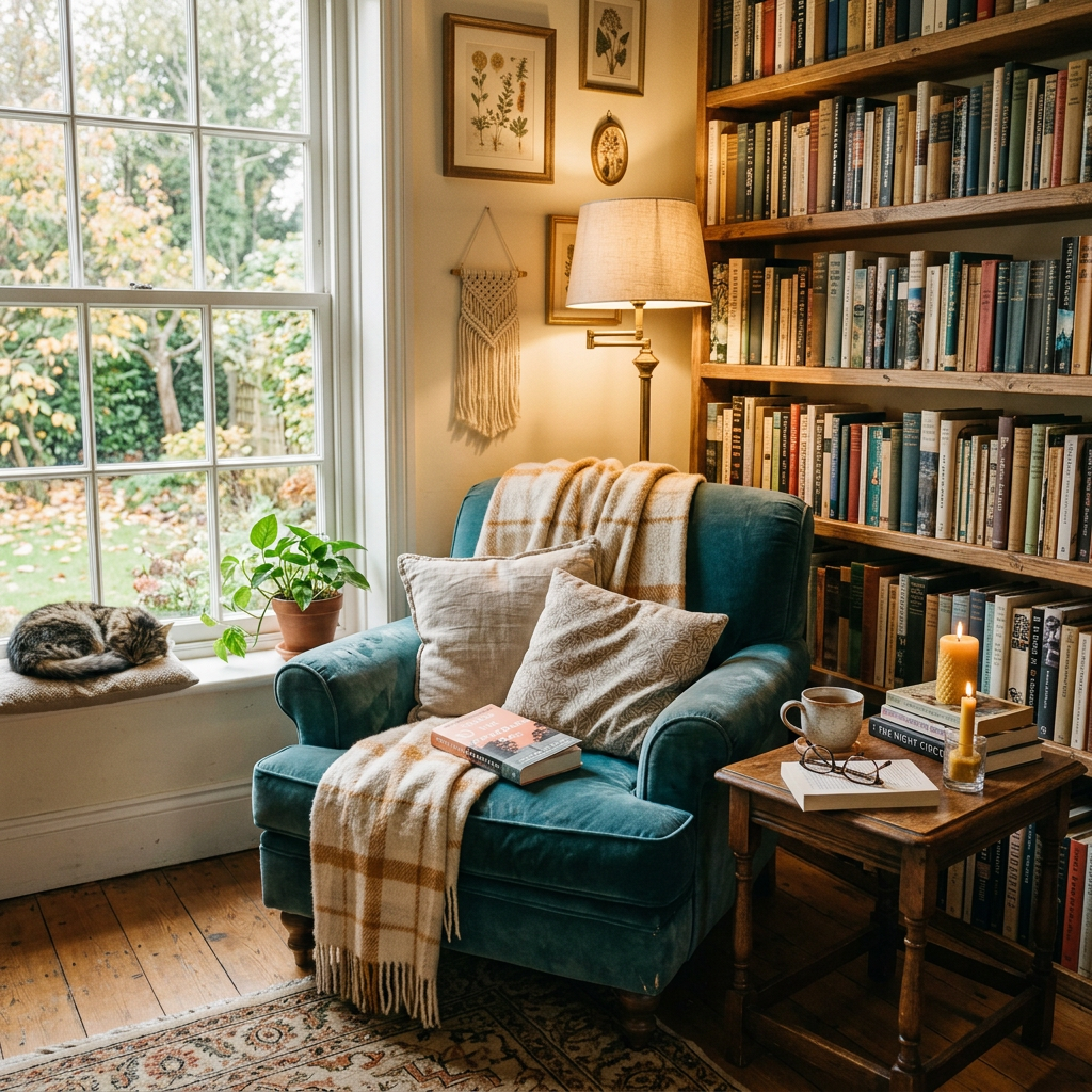 Plush armchair with blankets and pillows next to bookshelves and a sleeping cat on the windowsill