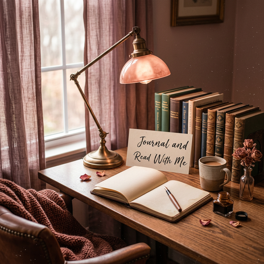 Open journal with pen on wooden desk next to vintage lamp and books